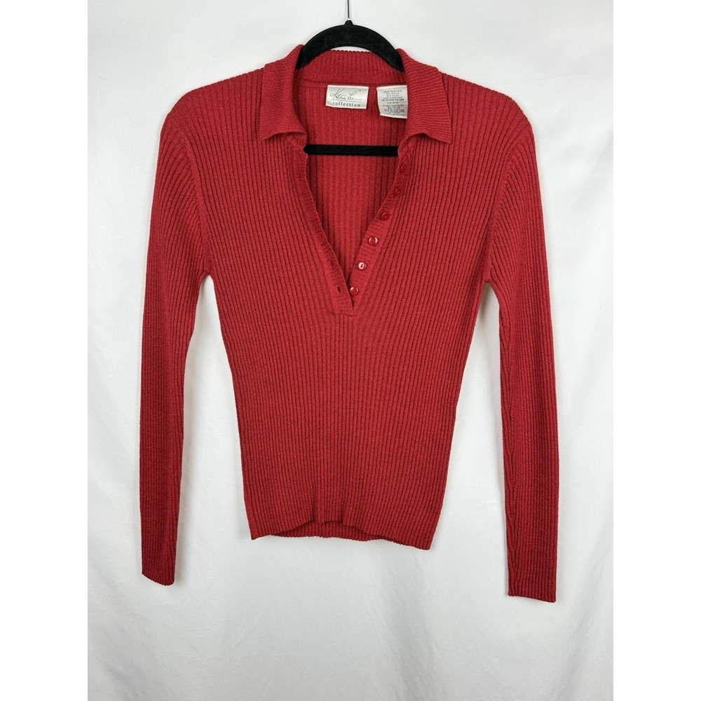Kathie Lee Vintage 90s Y2K‎ Red Ribbed Knit Collared Henley Sweater Top Small